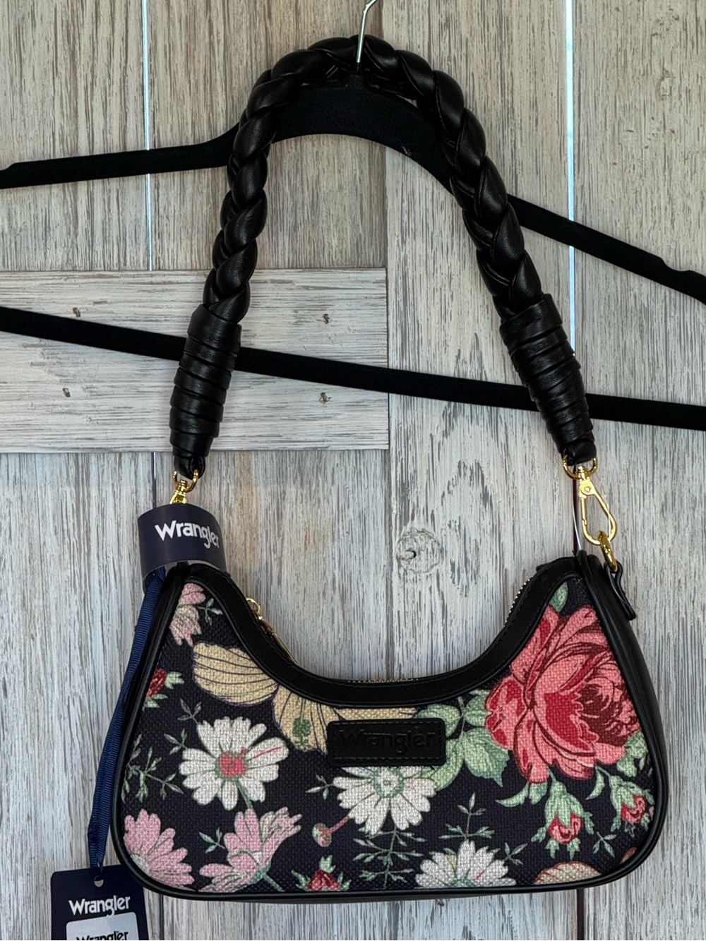 Wrangler Black Floral Braided Handle Shoulder Bag NWT